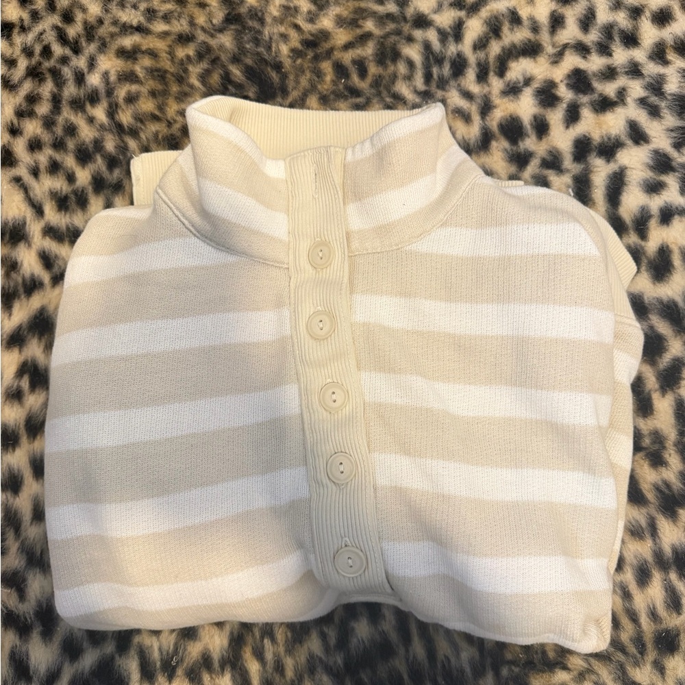 aerie Cream & White Striped Cowl Button-Up Sweater